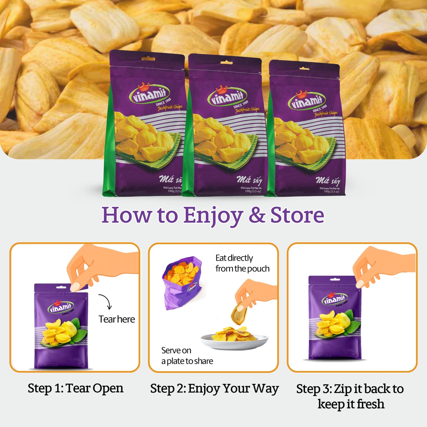Vinamit Dried Jackfruit Chips | Vacuum Fried Dried Jackfruit | Pack 3 of 3,5 oz Bag | Naturally Sweet & Crispy | Gluten-Free, Ve