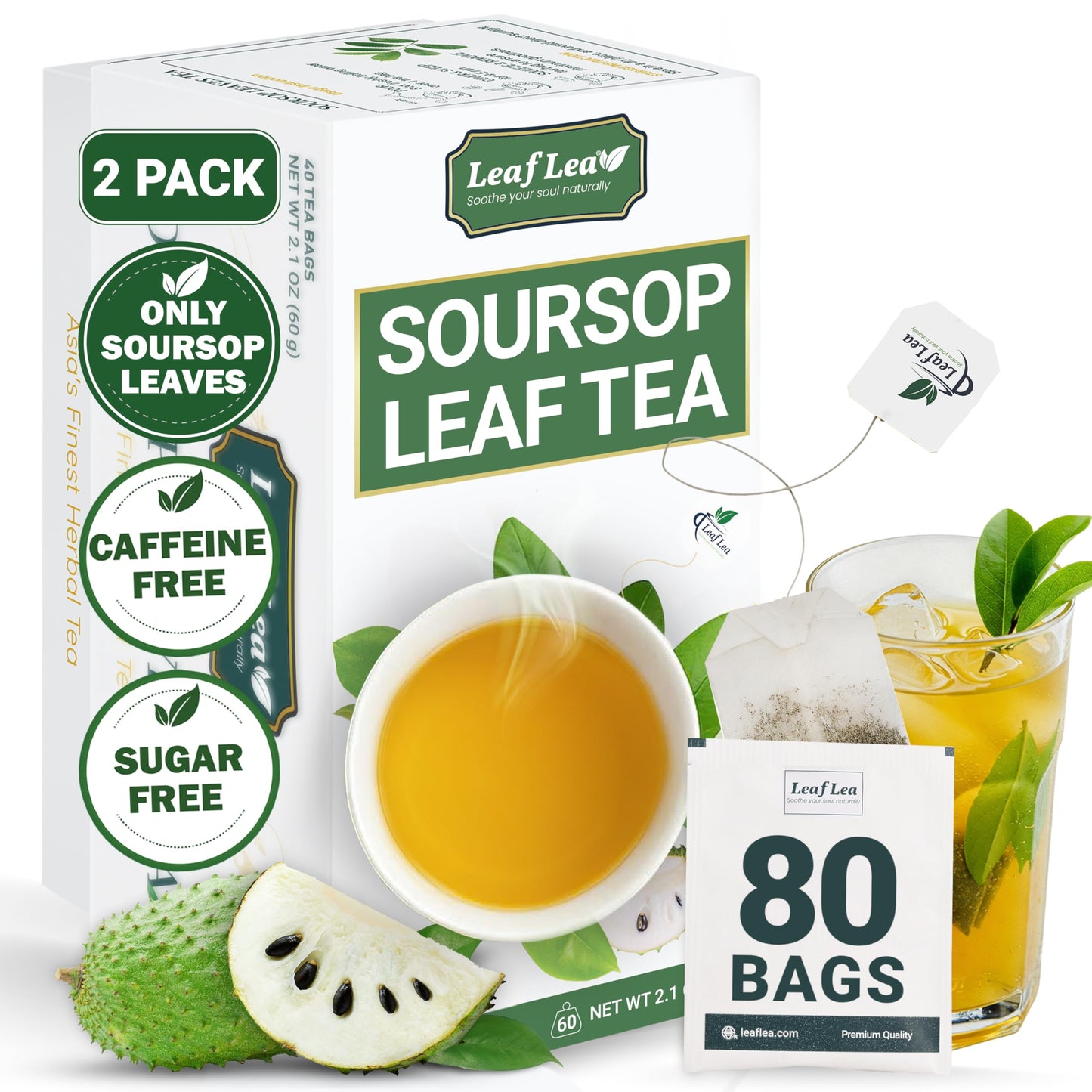 LeafLea Soursop Leaf Tea Bags, Herbal Blend, Caffeine-Free, Vegan, 80 Bags, Pack of 2