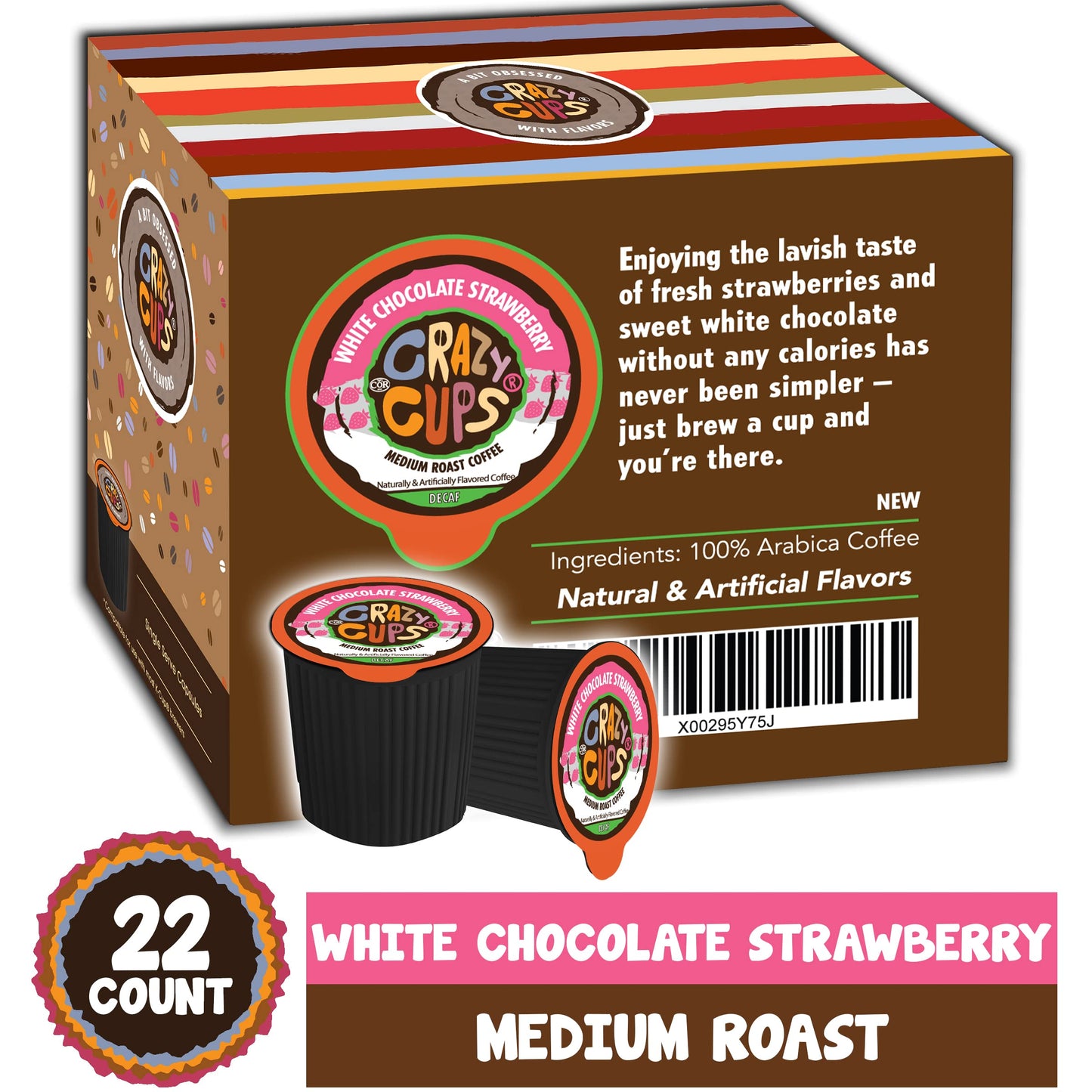 Crazy Cups Decaf Flavored Coffee Pods, White Chocolate Strawberry, Medium Roast, 22 Count, Single Serve for Keurig K-Cup Machines