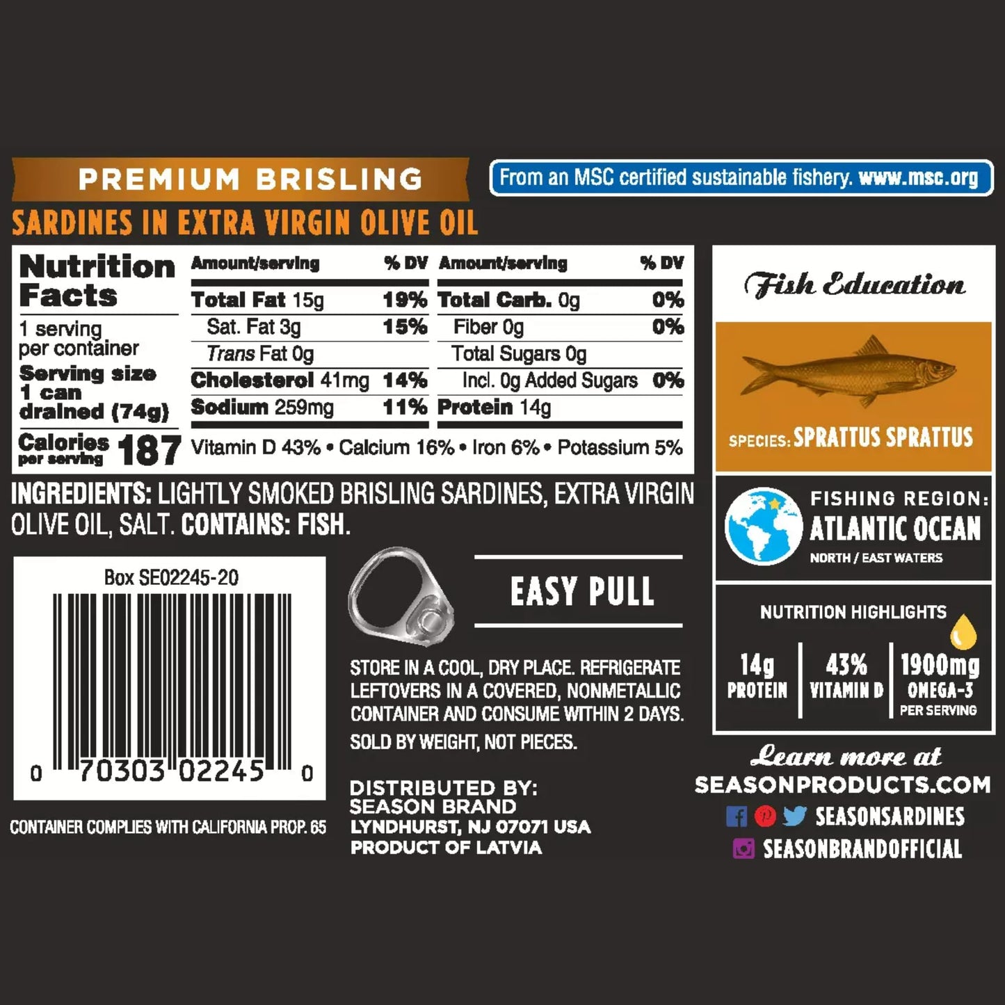 Season Brisling Sardines In Extra Virgin Olive Oil - Wild Caught, 13G Of Protein, Keto Snacks, More Omega 3'S Than Tuna, High In