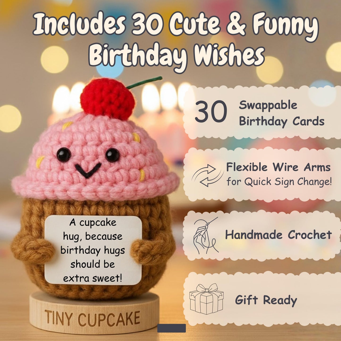 Happy Birthday Cupcake Crochet With 30 Birthday Cards | Funny Gift Idea For Women For 16Th, 21St, 17 Year Old, 30Th Birthdays | Cute Bday Party Decor For Her, Friends, Teens, Coworkers, Sister, Bestie