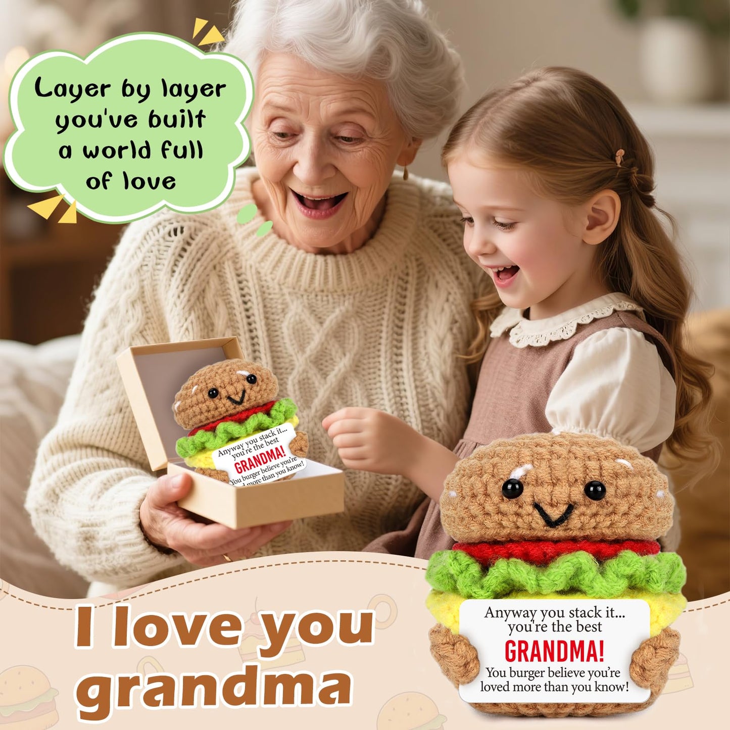 Avboda Mini Grandma Birthday Gifts From Granddaughter Grandson Handmade Crochet Burger Thankving Day Christmas For New Grandmother Great Grandma Nana Gigi Grammy Christmas Stocking Stuffers Ideas