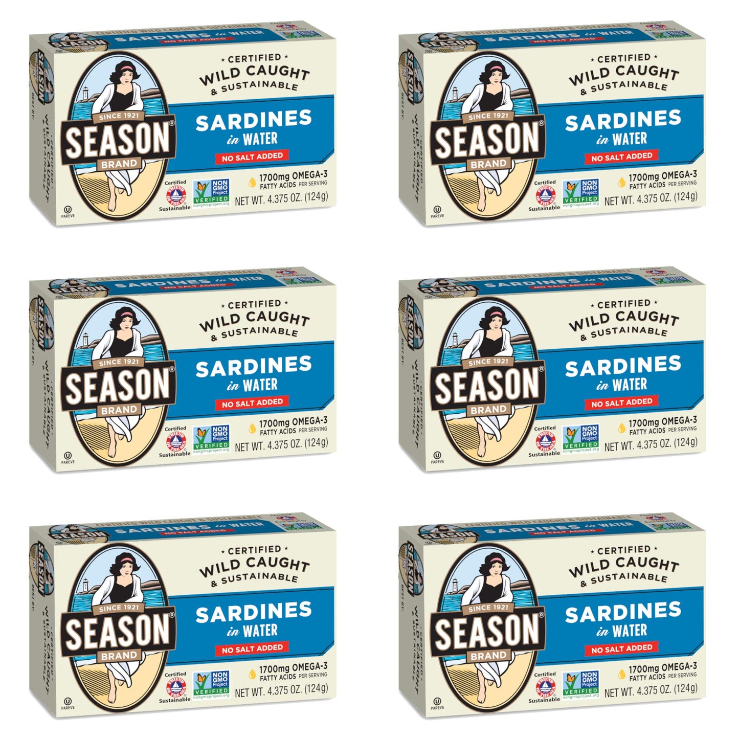 Season Sardines In Water - No Salt Added, Wild Caught, 22G Of Protein, Keto Snacks, More Omega 3'S Than Tuna, Kosher, High In Calcium, Canned Sardines - 4.37 Oz Tins, 6-Pack