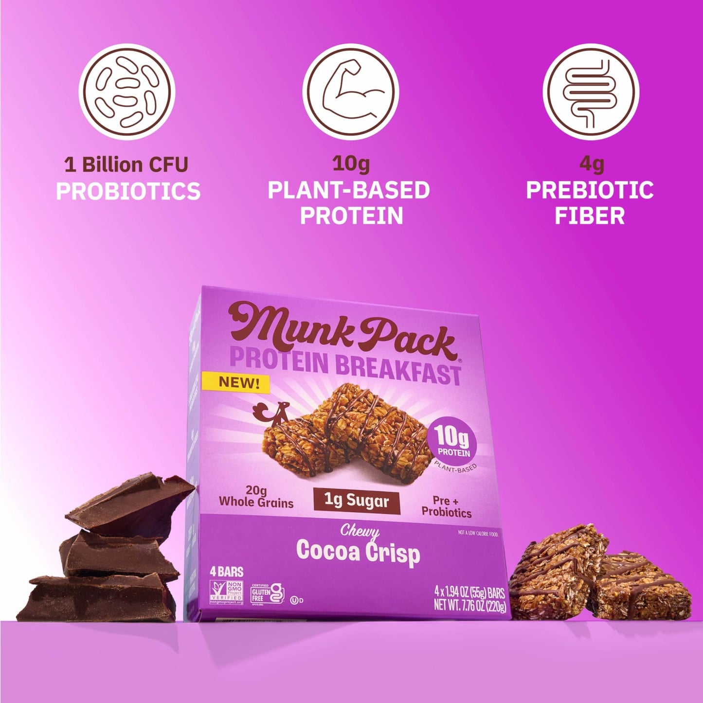 Munk Pack Probiotic Protein Bars - Cocoa Crisp, 10g Protein, 1g Sugar, Gluten-Free, 12 Count