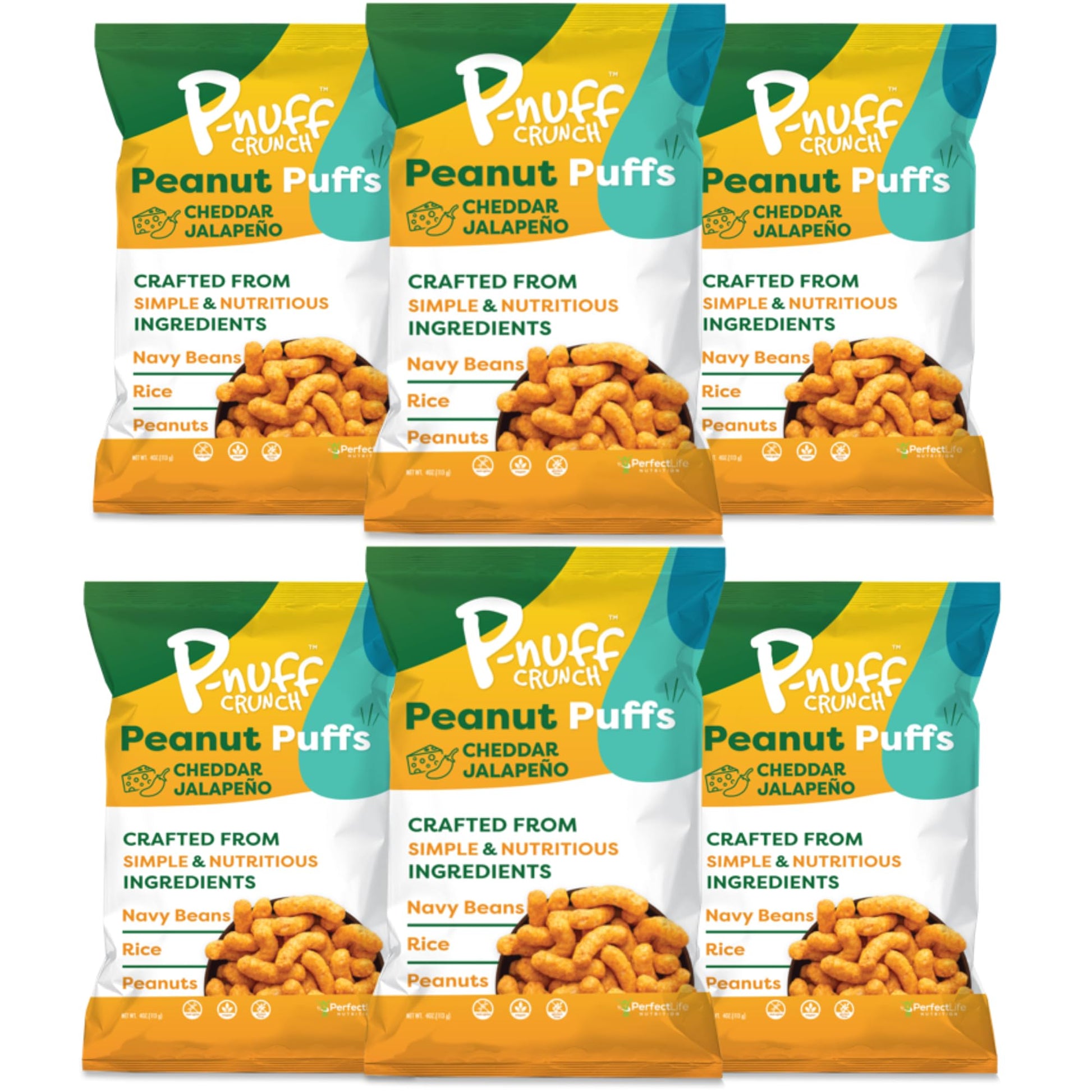 P-Nuff Crunch Peanut Puffs, Cheddar Jalapeno, 4oz Bag, Keto, Gluten Free, 20g Vegan Protein, 6-Pack