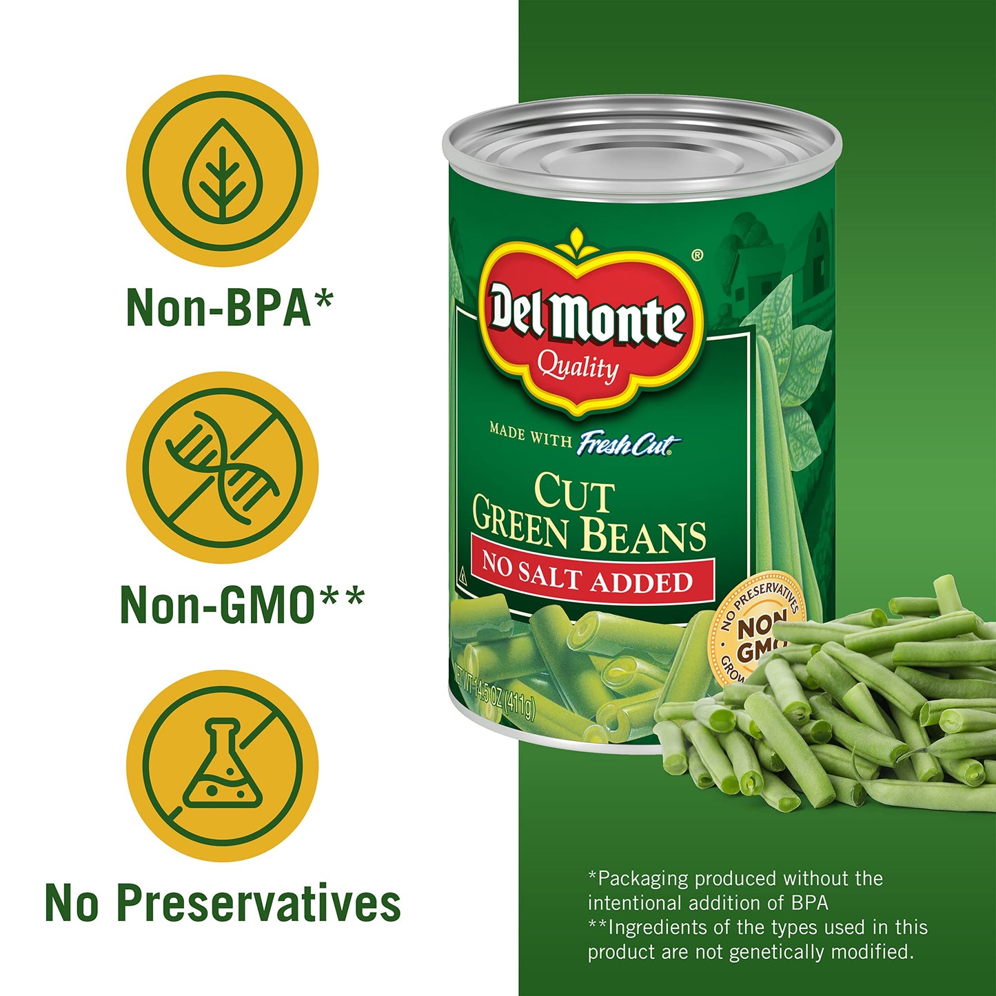 Del Monte FRESH CUT BLUE LAKE Cut Green Beans, No Salt Added Canned Vegetables, 24 Pack,14.5 oz Can