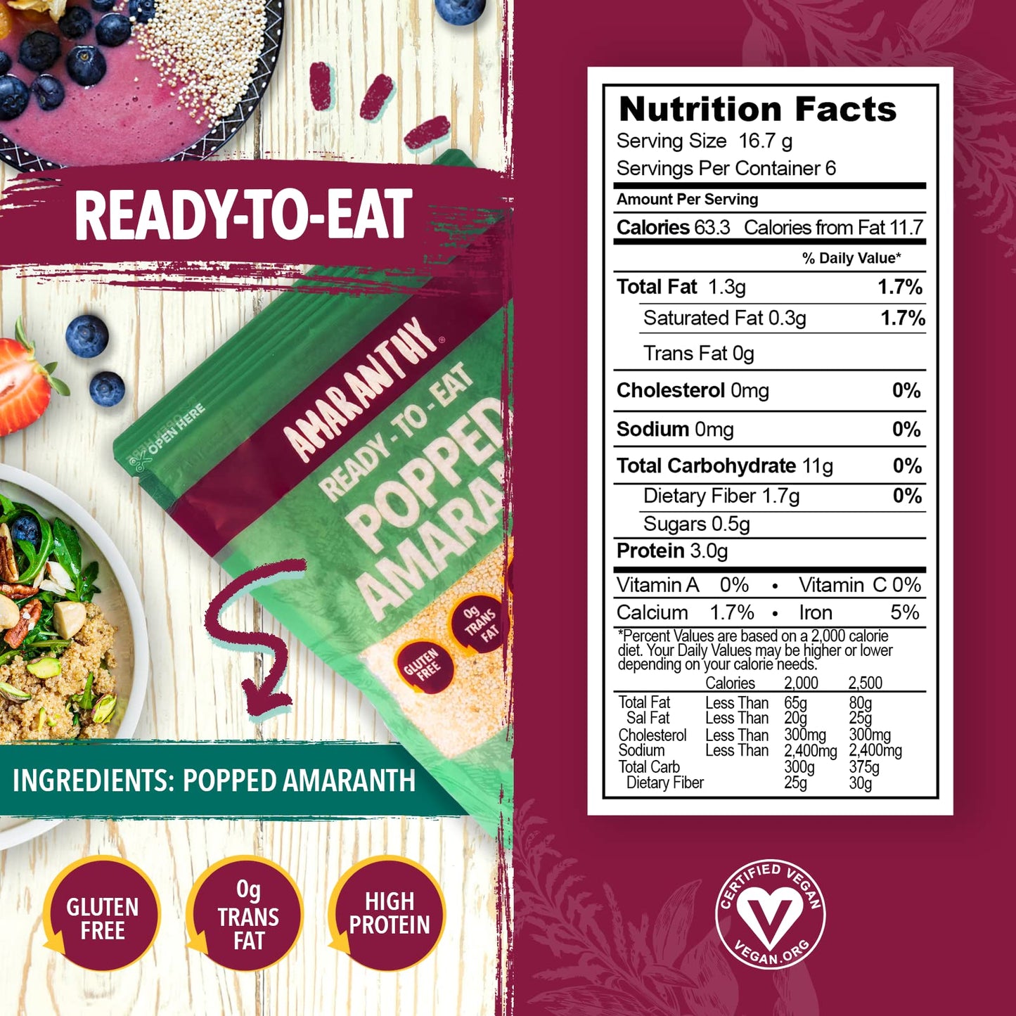 Amaranthy Ready-To-Eat Popped Amaranth Bag (3.53 Oz) - High Protein Grain - Low Calorie - Vegan (1. Popped Bag 3.5 Oz.)