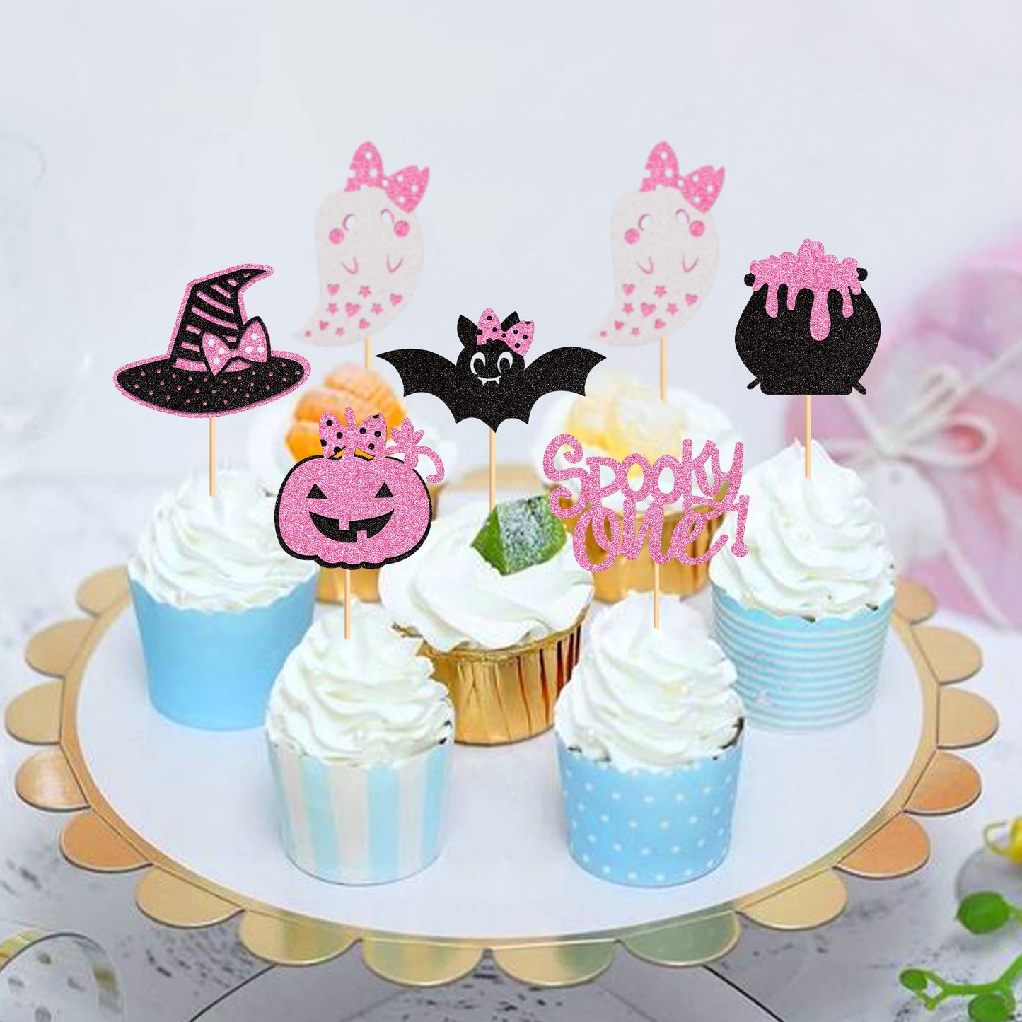 Ercadio 36 Pack Spooky One Cupcake Toppers Glitter Pink Halloween Cupcake Toppers Ghost Pumpkin Witch Hat Cupcake Picks For Hall
