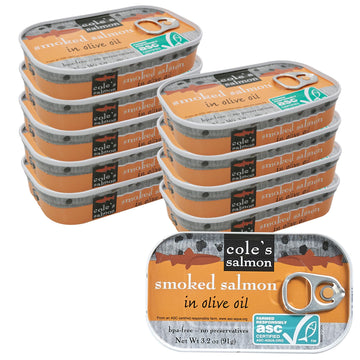 Coles Seafood Hand Packed Smoked Salmon, Preservative Free, High in Protein, 3.2 oz Can, Pack of 10