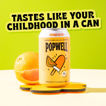 Popwell Prebiotic Soda - Orange Cream Flavor, 12 oz Cans, 6g Fiber, 1g Sugar, Immunity Support, Pack of 12