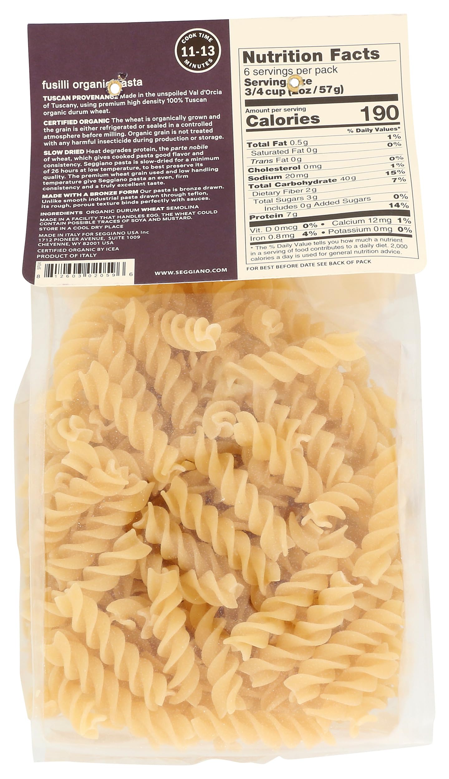 Seggiano, Pasta Fusilli Organic, 13.2 Ounce