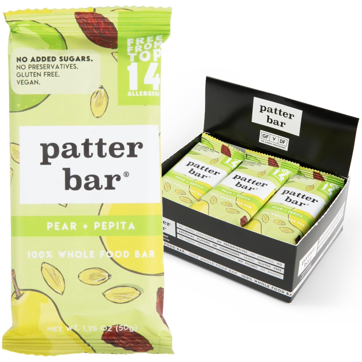 Patter Bar Energy Bars - Gluten Free, Vegan, No Added Sugar, Whole30 - 12-Pack, Pear Pepita