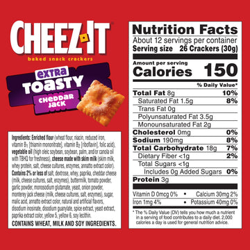 Cheez-It Cheese Crackers, Baked Snack Crackers, Kids Snacks, Extra Toasty Cheddar Jack, 12.4oz Box (1 Box)
