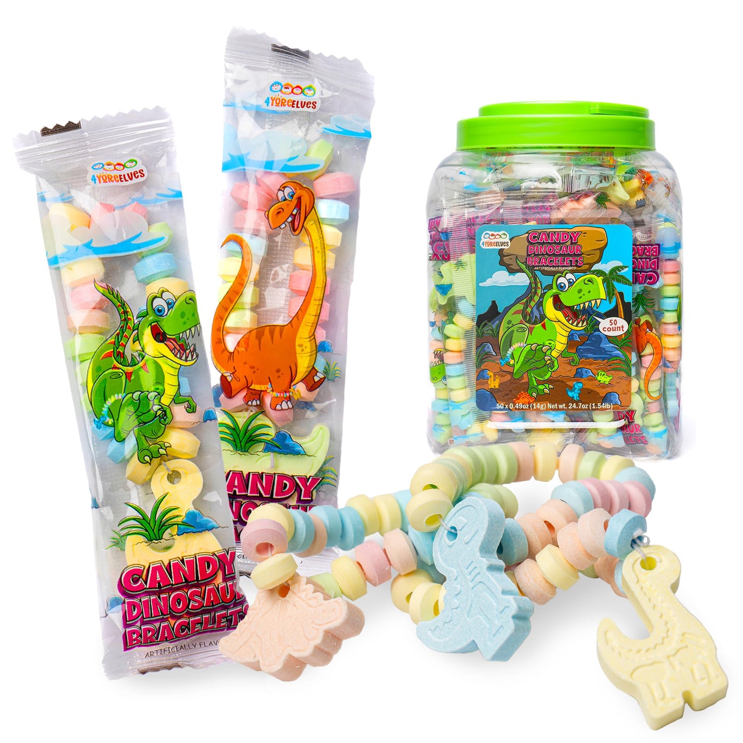 50 Dinosaur Candy Bracelets with Dinosaur Pendants, Dino-lover Candy Jewelry, Ideal for Dino Party Favors and Goodie Bags, Bulk 