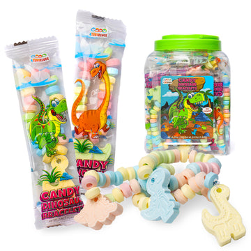 50 Dinosaur Candy Bracelets with Dinosaur Pendants, Dino-lover Candy Jewelry, Ideal for Dino Party Favors and Goodie Bags, Bulk 