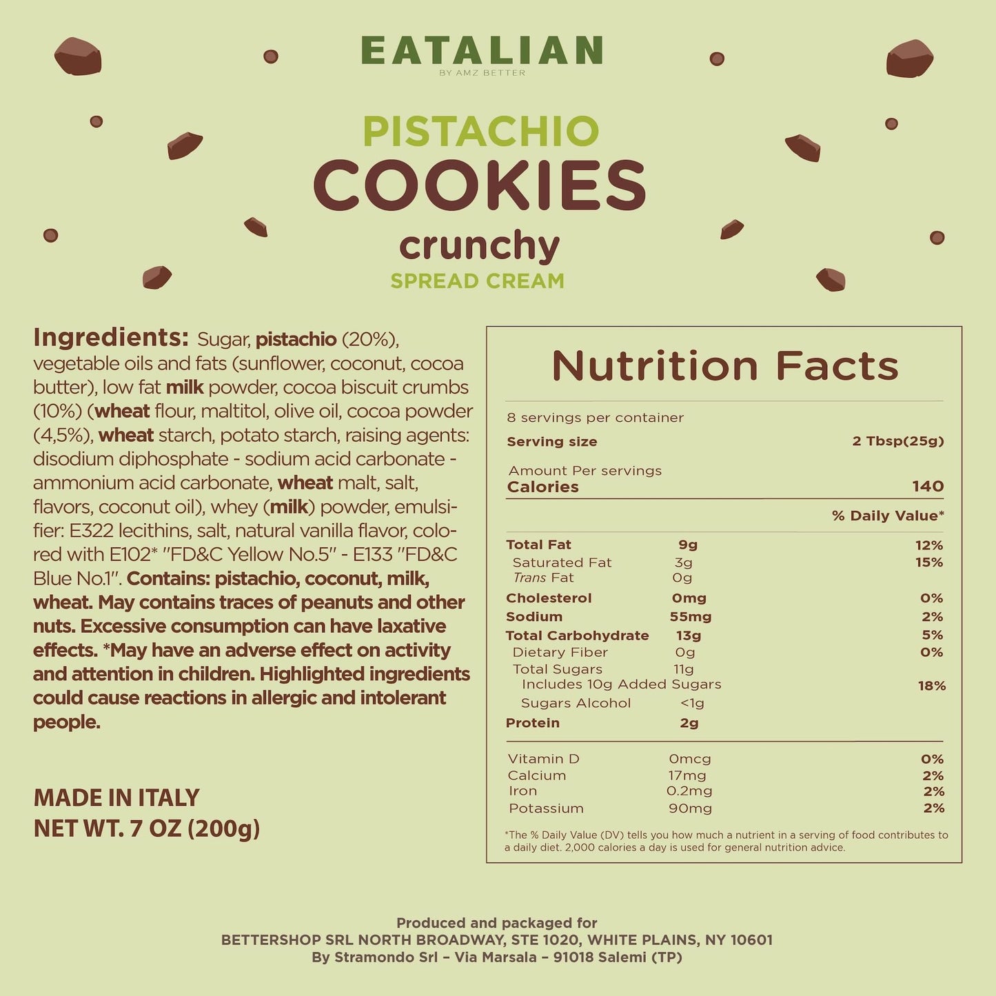 Eatalian By Amz Better Pistachio Cream With Sweet Crunchy Biscuit, 7 Oz/200 Gr, Delicious Spread With A Uniquely Sweet Taste, Id