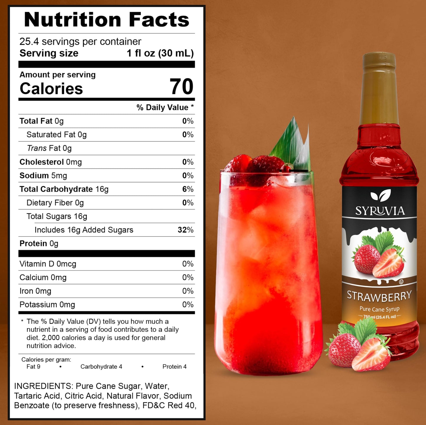 Syruvia Strawberry Syrup - Strawberry Syrup Flavor, 25.4 Fl Oz - Perfect For Cocktails, Ice Tea, Desserts, Italian Sodas, Ice An