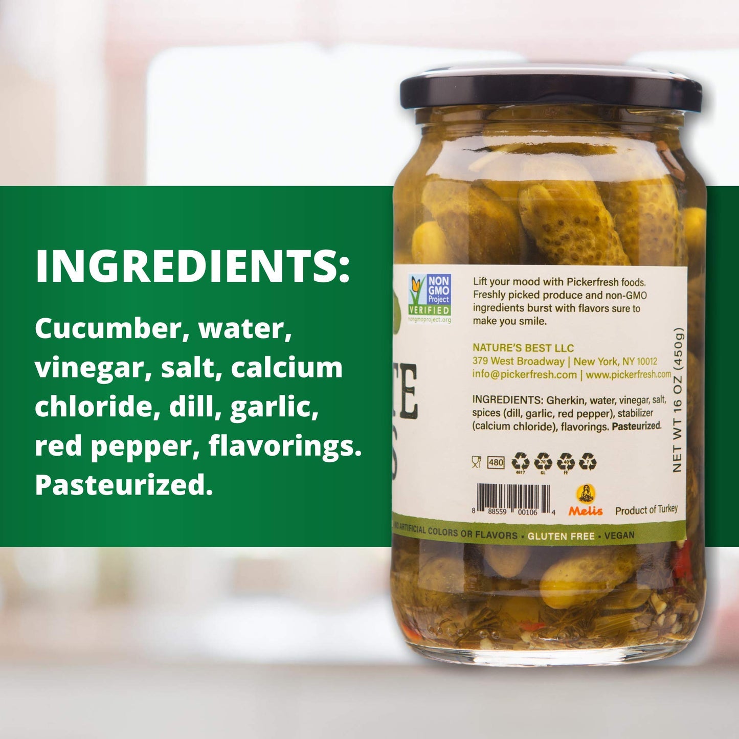 Pickerfresh Kosher Baby Dill Pickles, Petite Dills - Garlic, Dill & Red Pepper Cornichons - Simple Ingredients - Non-GMO, No Art