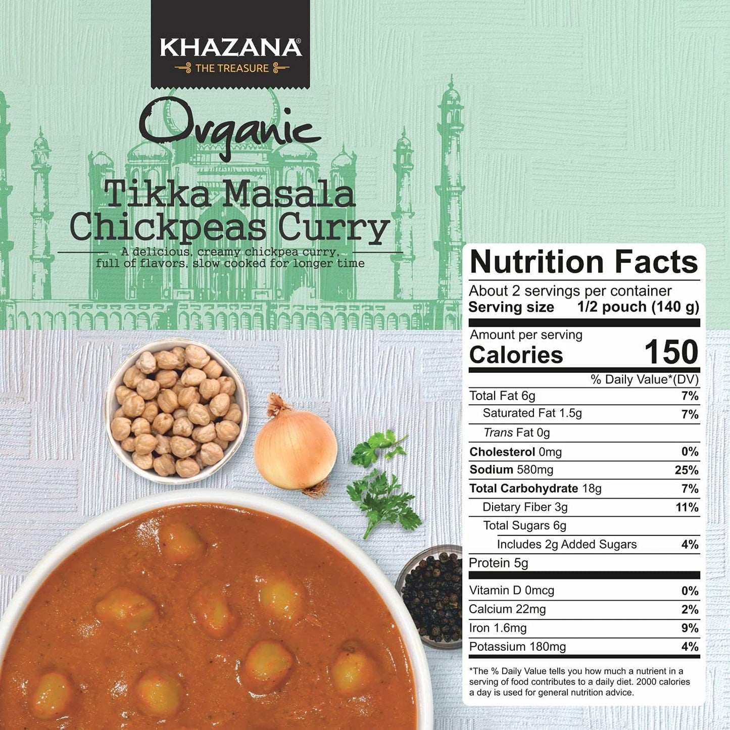 Khazana Organic Ready To Eat Meals - Tikka Masala Chickpeas Curry (Pack Of 6, 10Oz Pouches) - Non-Gmo, Vegan, Gluten Free & Kosh