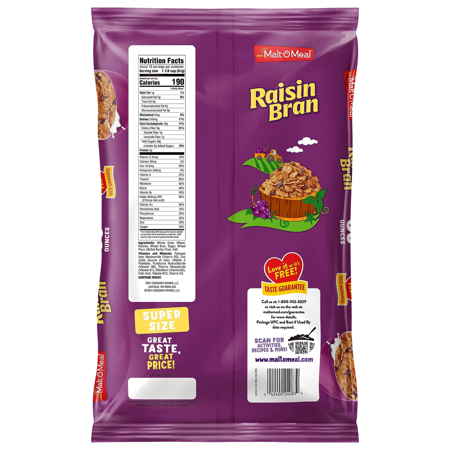 Malt-O-Meal Raisin Bran Cereal, Wheat Flakes And Raisins Breakfast Cereal, Large Cereal For Family, 39 Oz Resealable Cereal Bag