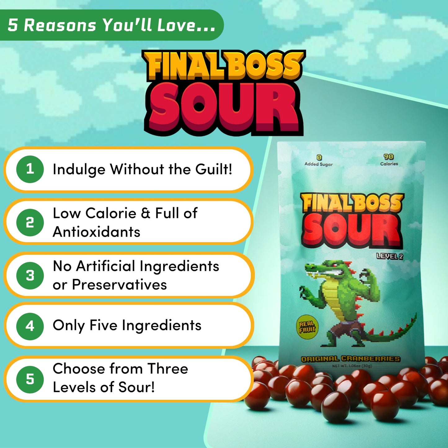 FINAL BOSS Sour Gummy Candy, Cranberry, Extremely Super Sour, 10 Bags, 1.06 Ounces Each, Low Calorie Healthy Snack