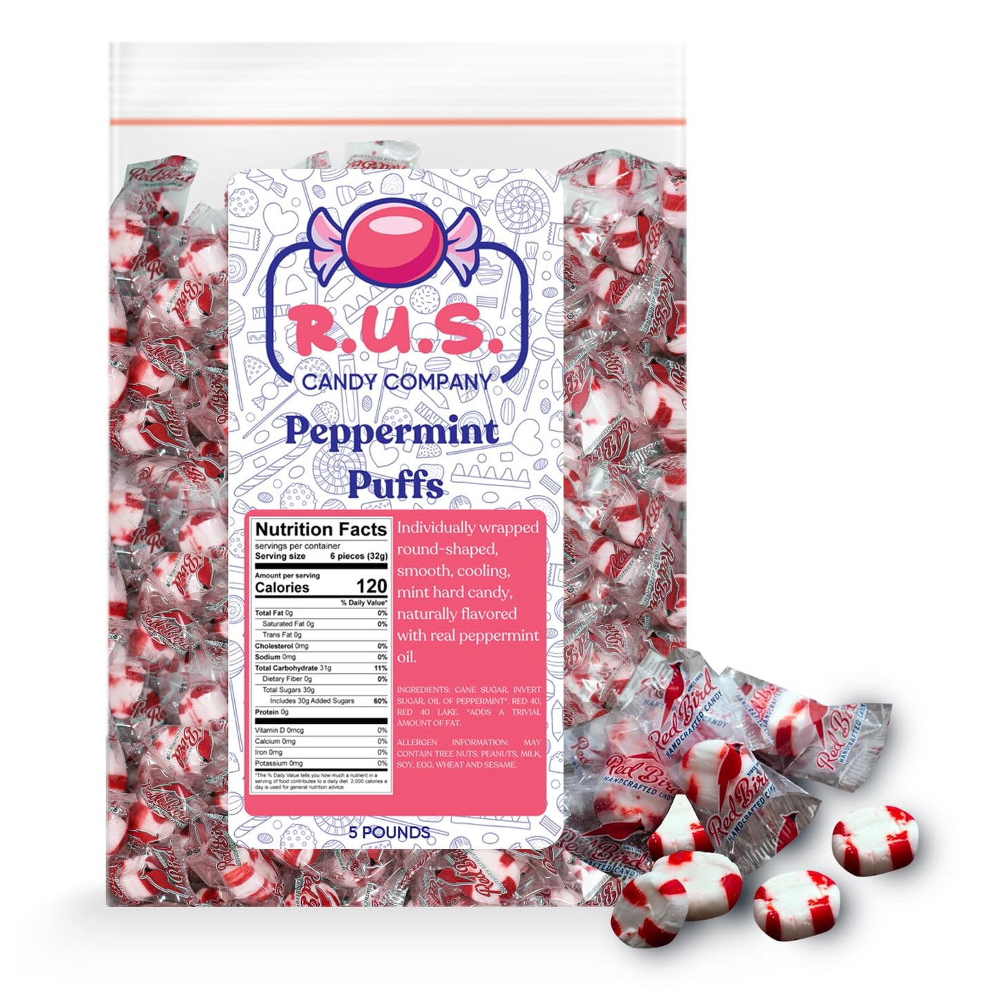 R.U.S. Candy Company Peppermint Puffs Candy - 5 Pound Bag - Refreshing Soft Candy Perfect for Parties and Holiday Celebrations (