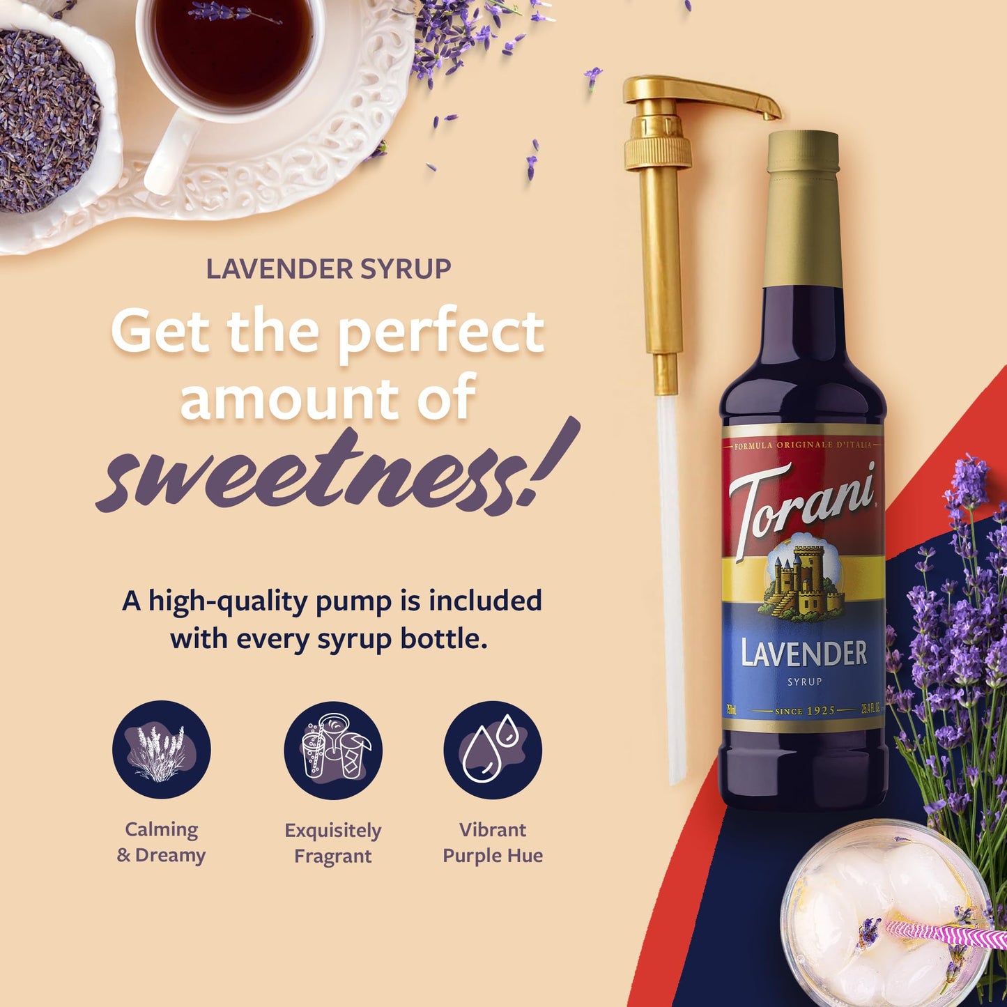 Torani Coffee Syrup, Lavender Flavored Syrup For Drinks, Pump Included, 25.4 Fl Oz