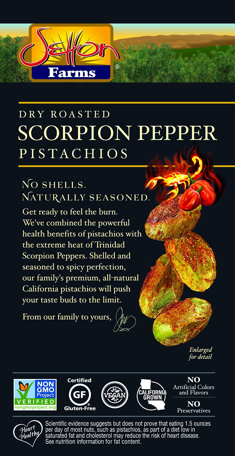Setton Farms No Shell Pistachios, Scorpion Pepper Flavor, 5 oz, Pack of 8, Non-GMO, Gluten Free, Vegan, Kosher, Natural