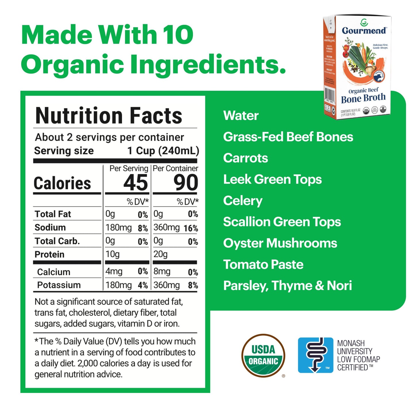 Organic Unsalted 16.9Oz Beef Bone Broth From Gourmend Foods (3 Pack) - Just 10 Ingredients, Low Fodmap Certified, Filler Free, G