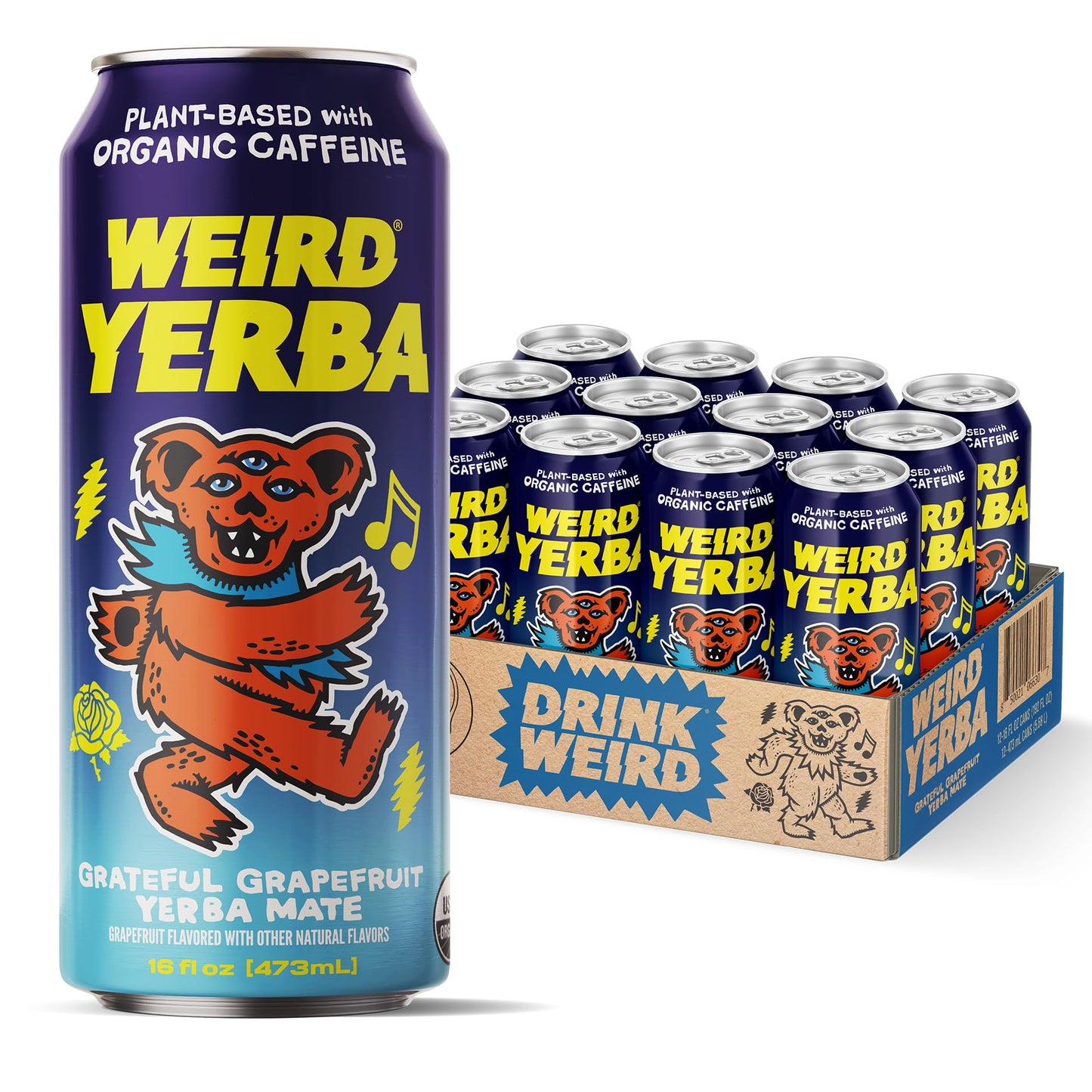 WEIRD Organic Grapefruit Yerba Mate - 16oz Cans, 160mg Caffeine, Pack of 12