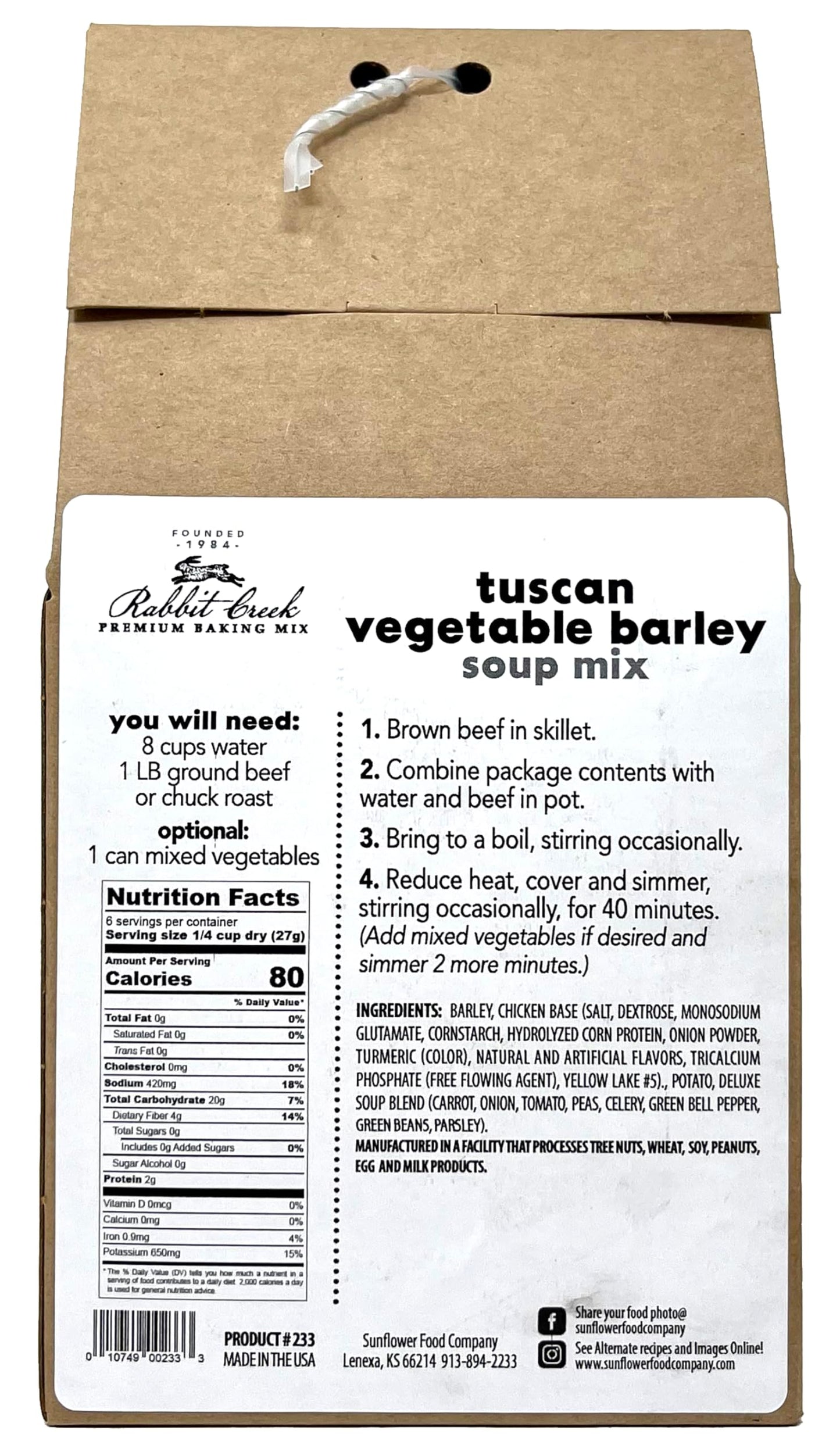 Rabbit Creek Hearty Soup Mix Tuscan Barley Soup Mix - Homemade Soup Mix With Chicken Base