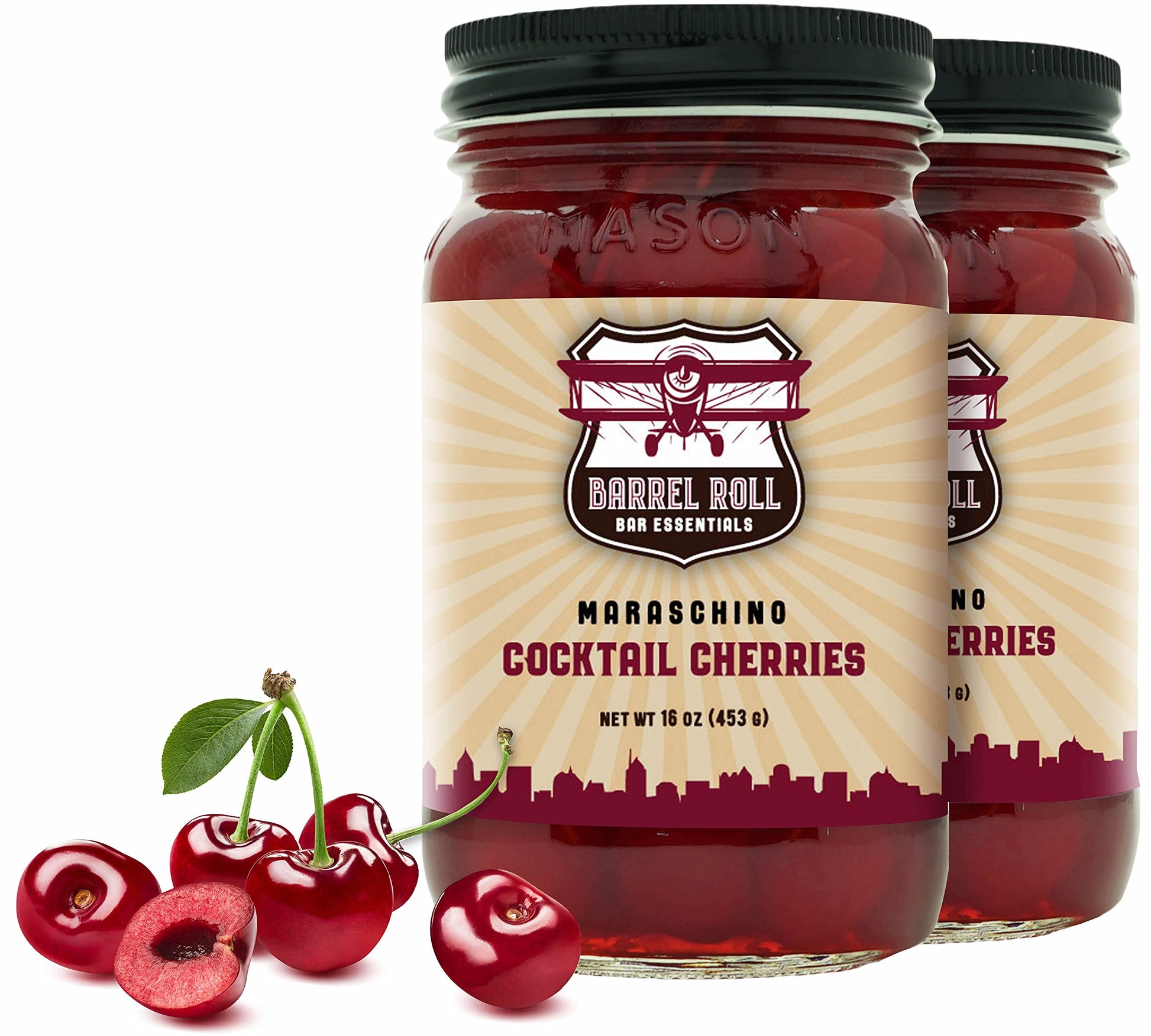 Barrel Roll Bar Essentials Cocktail Cherries - Premium Maraschino Cherry Garnish - 2 x 16 Ounce Pack