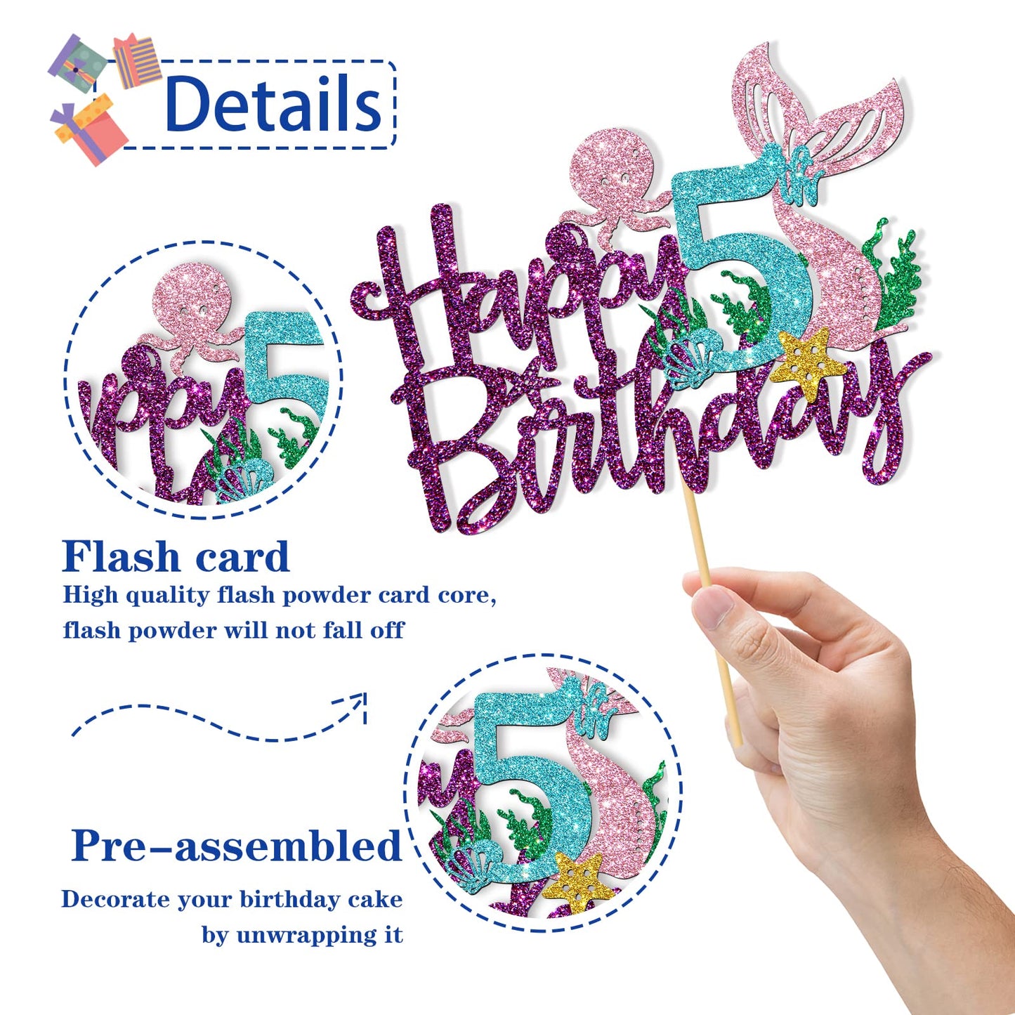 Roadsea Mermaid Happy 5Th Brithday Cake Topper - Under The Sea Theme Girl Kid Five Birthday Cake Supplies/Ocean World 5Th Mermai