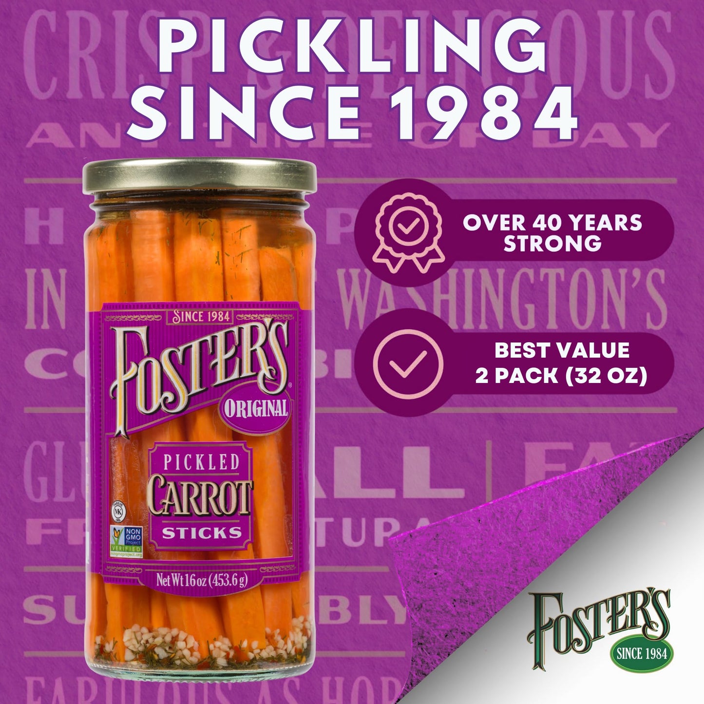 Fosters Pickled Carrots in a Jar, Original, 16oz, 2 Pack, Traditional Pickled Carrot Sticks Recipe for over 40 years, Low Calor