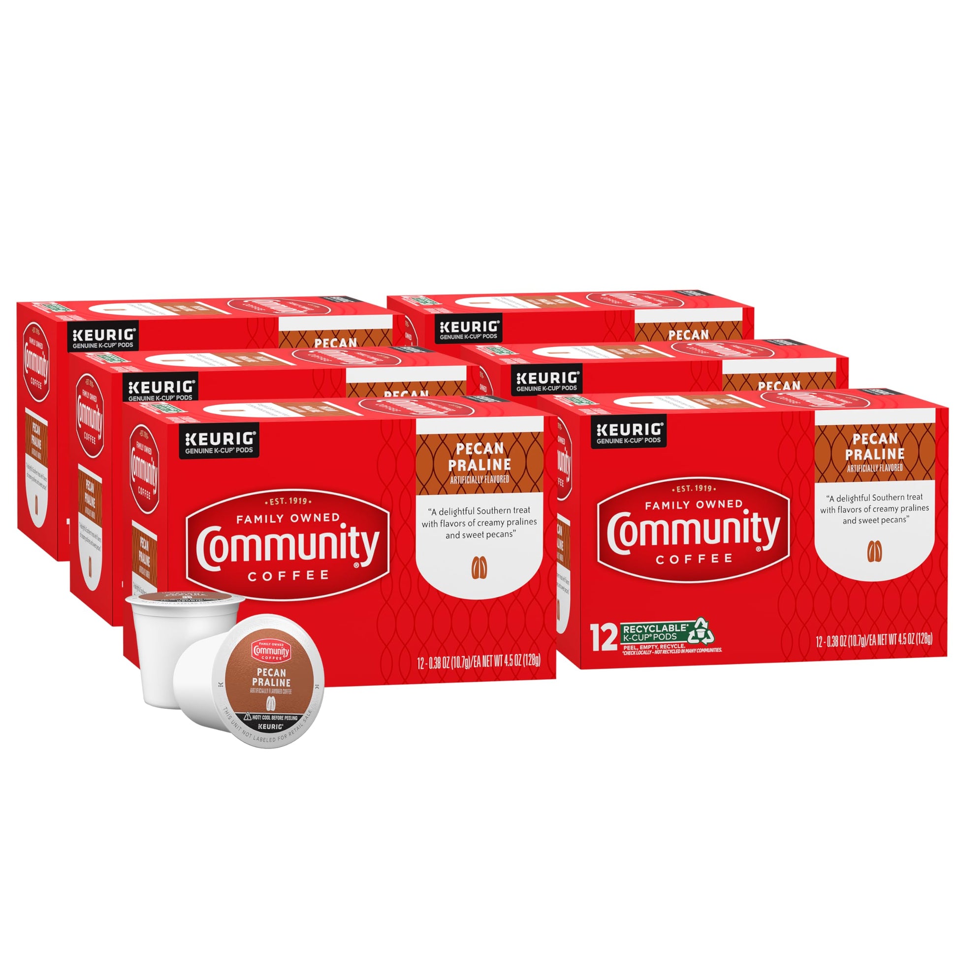 Community Coffee Pecan Praline Flavored Coffee Pods, Medium Roast, 72 Count, Compatible with Keurig 2.0, 12 Count (Pack of 6)
