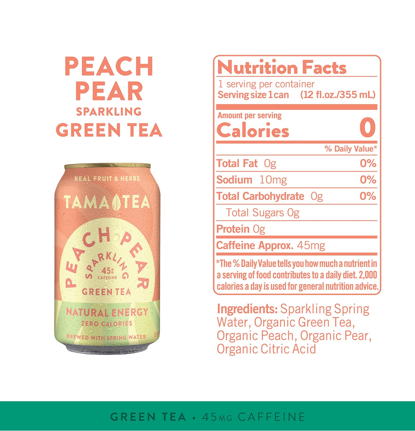Tama Tea Sparkling Peach Pear Green Tea - Zero Sugar, Non-GMO, 12 oz Pack of 12