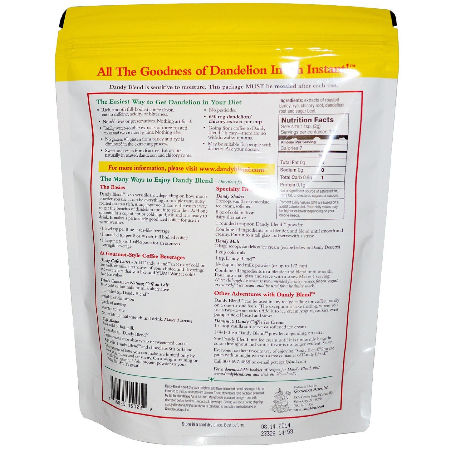 Dandy Blend Instant Herbal Beverage, Two 7.05 oz Bags, Dandelion Flavor, Pack of 2