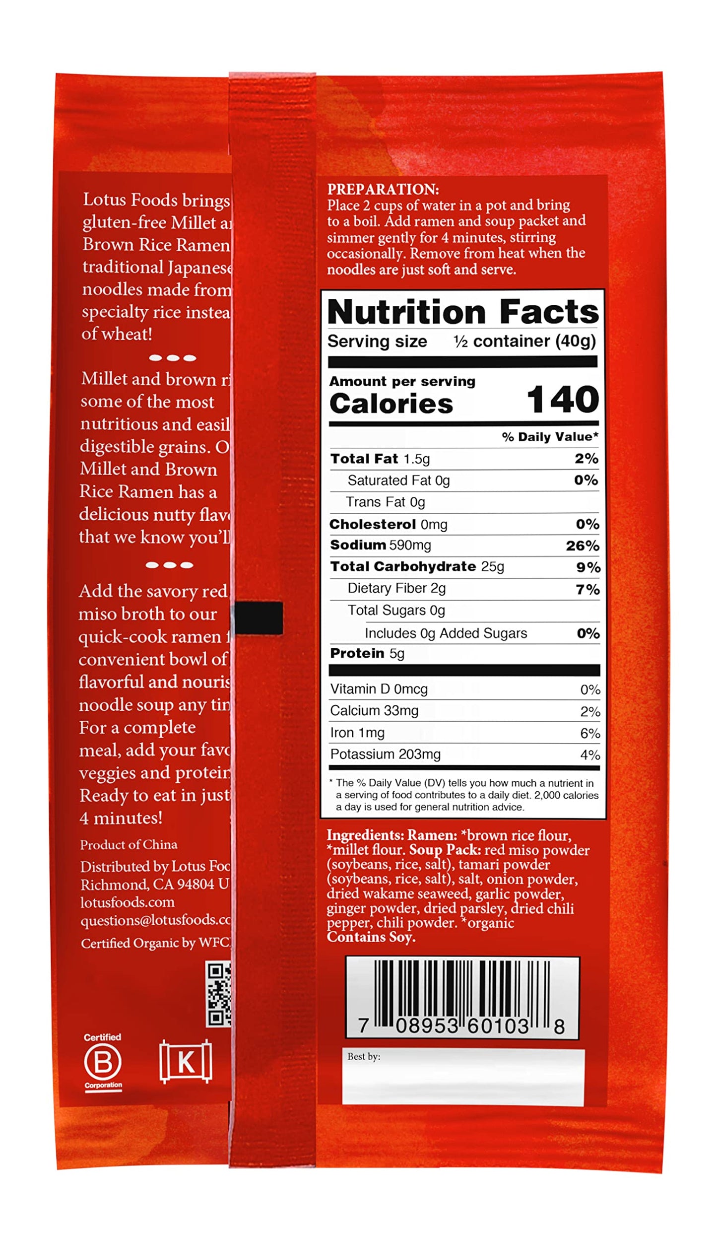 Lotus Foods Organic Millet & Brown Rice Ramen With Miso Soup - Gluten Free Ramen Noodles, Vegan Ramen Noodles With Millet Flour & Brown Rice Flour, Whole Grain Gf Ramen - 2.8 Oz Bags (Pack Of 10)