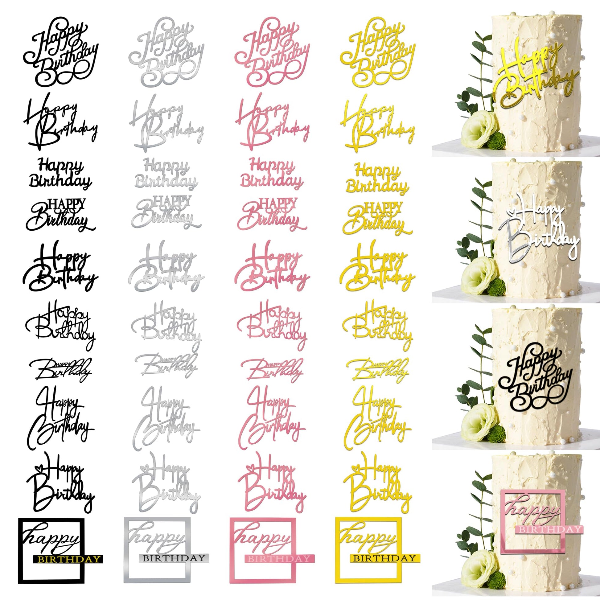 40 Pcs Happy Birthday Cake Toppers Mirror Acrylic Cake Topper Side Cake Decorations Cake Inserts Cake Decorating Supplies Cupcak