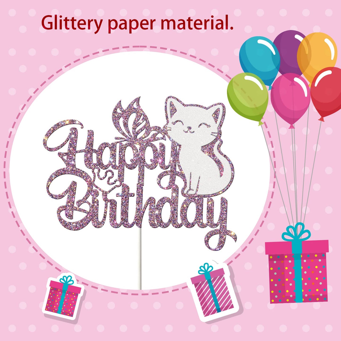 Ambishi Cat Birthday Cake Topper - Purple & White Glitter, Butterfly Design, Model AB-122, Pet Themed Decoration for Parties