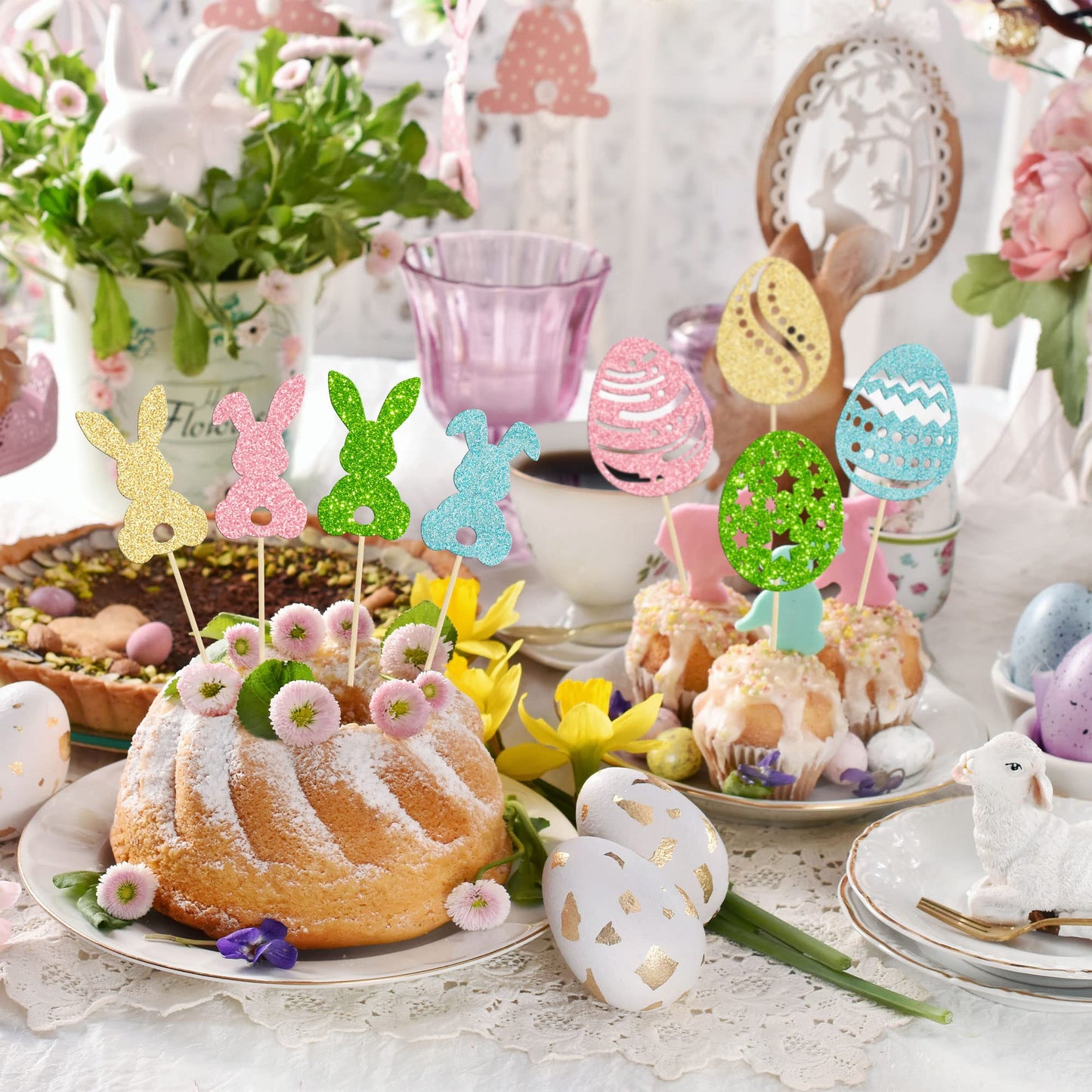 24Pcs Happy Easter Cupcake Toppers Glitter Cute Bunny Egg Cake Decorations Bunny Rabbit Cake Picks For Easter Spring Theme Babys