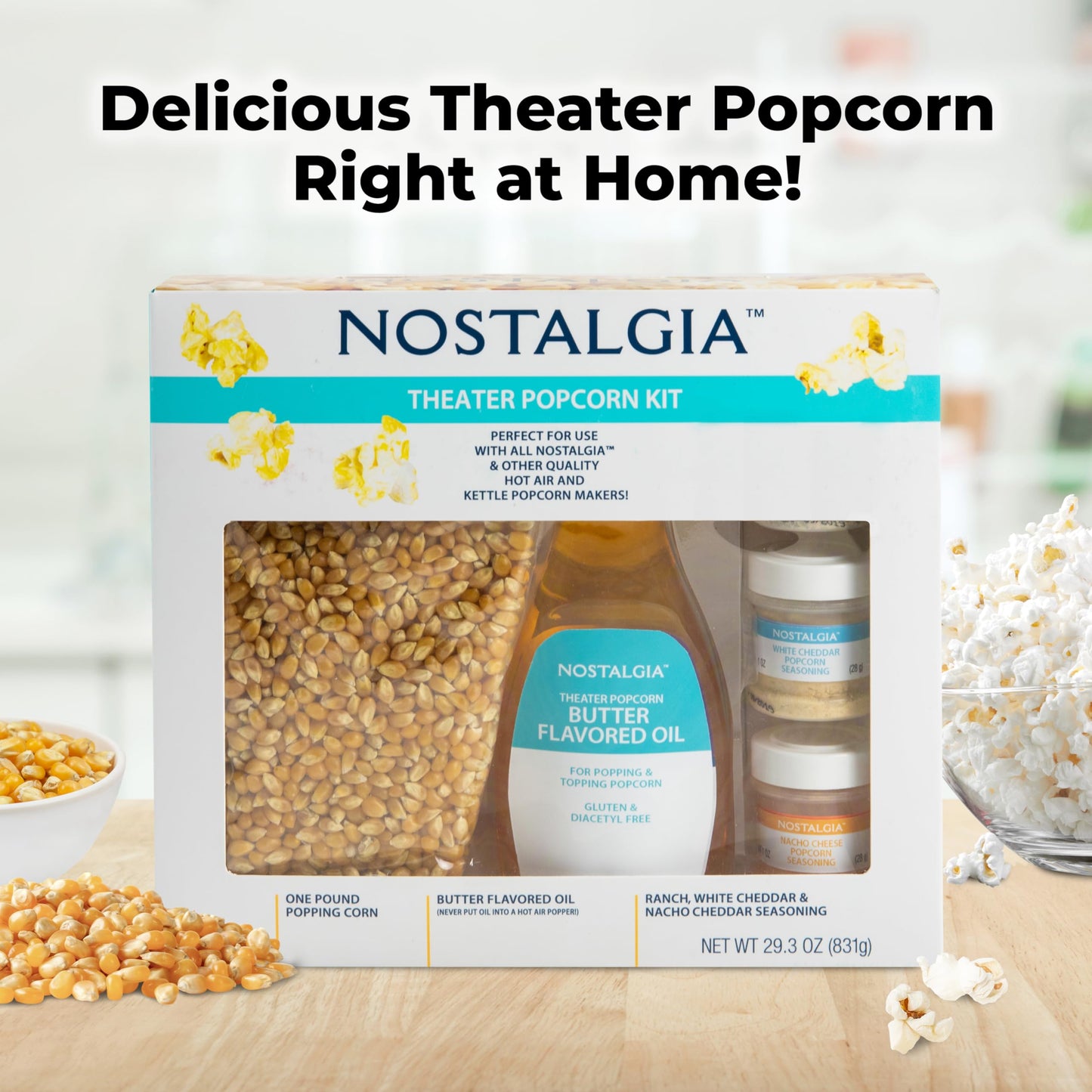 Nostalgia Popcorn Machine Kit with 1 lb Kernels & 12.5 oz Butter Oil - Includes Ranch, White Cheddar, & Nacho Cheese Seasoning