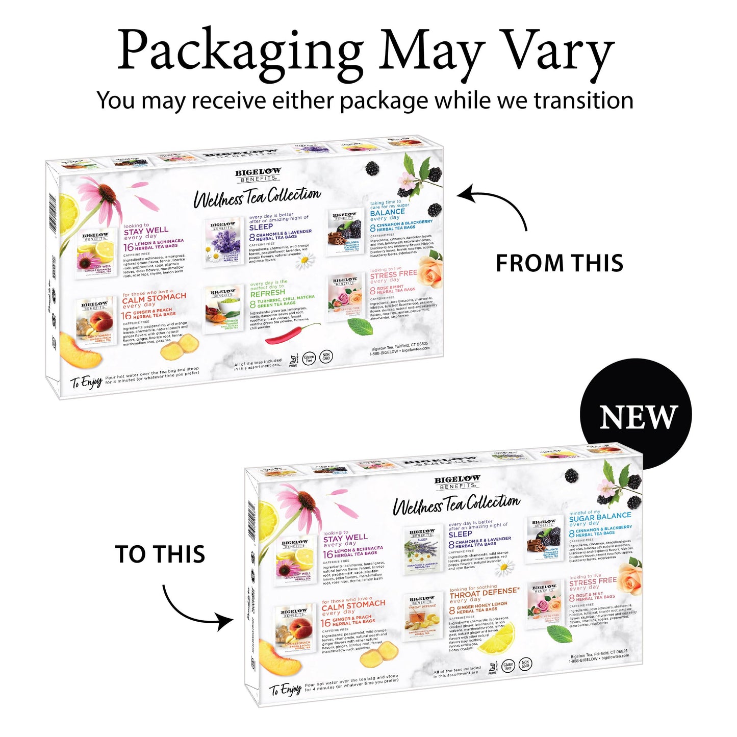 Bigelow Tea Wellness Herbal Tea Collection, Caffeine Free, 64 Count Gift Box Sampler, Flavors May Vary