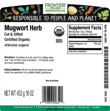 Frontier Co-Op Mugwort Herb, Cut And Sifted, Certified Organic, Kosher | 1 Lb. Bulk Bag | Artemisia Vulgaris L.