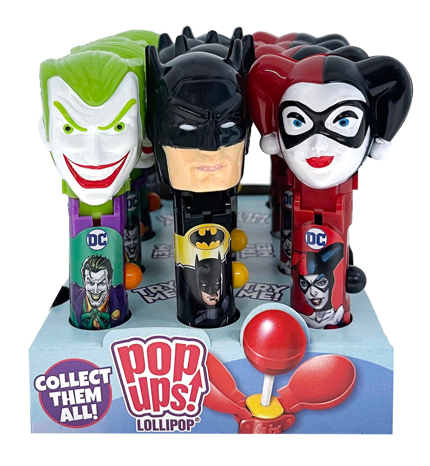 Pop Ups! Batman, Harley Quinn & Joker Lollipop Holder - 12 Lollipops With Cases - Individually Wrapped Candy Party Favors - Just