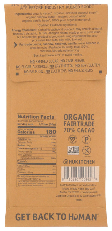 Hu Kitchen Organic Orange Cashew Butter Chocolate Bar, 2.1 Oz