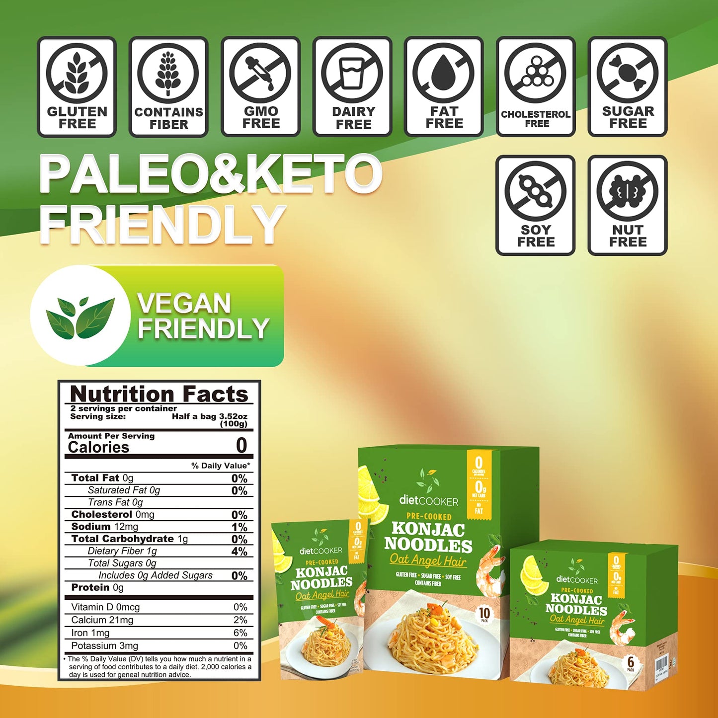 DIET COOKER Shirataki Noodle, Keto & Vegan Friendly, 10 Pack, 9.25 oz, Low Calorie Pasta, Zero Net Carbs