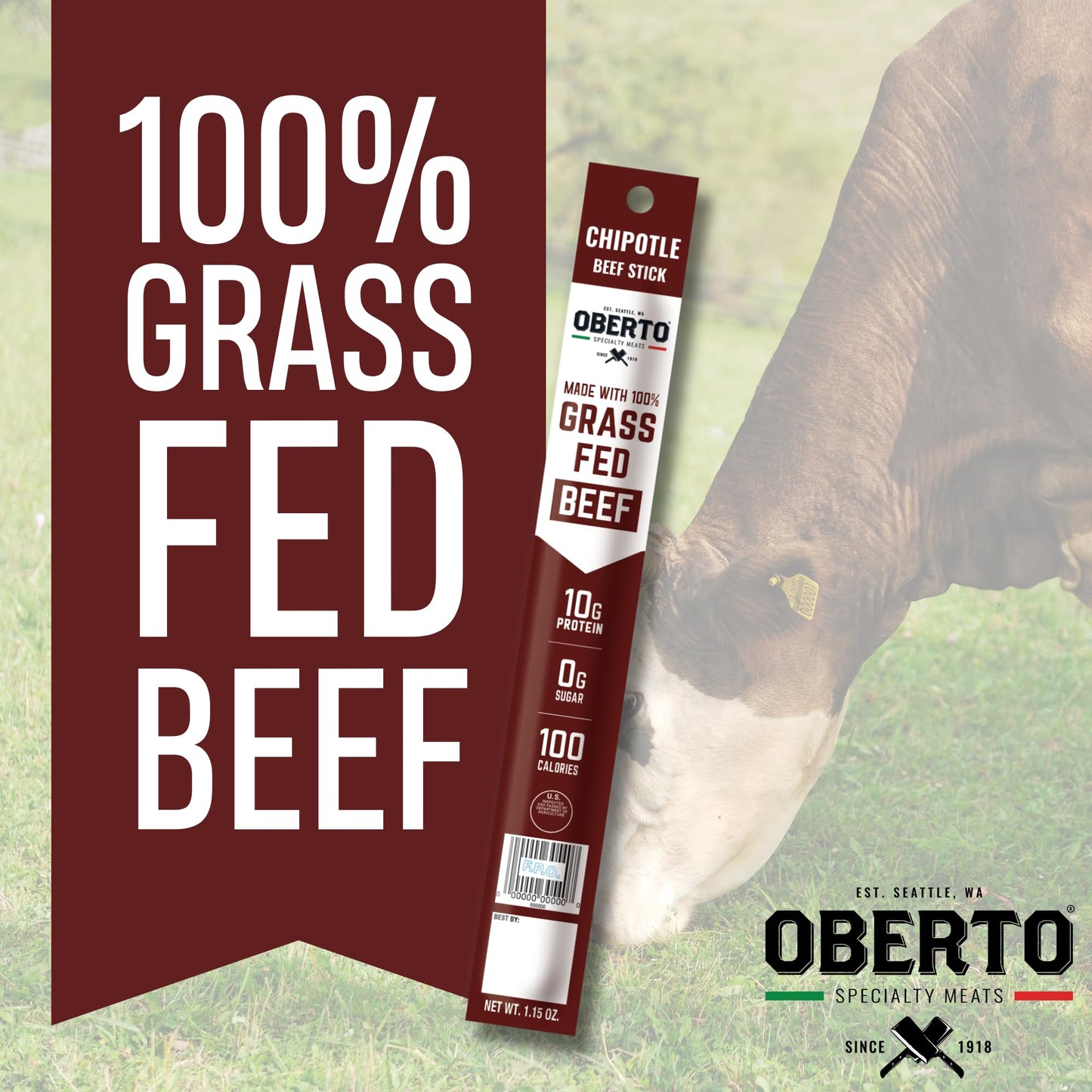 Oberto Grass Fed Beef Sticks - Chipotle  Zero Sugar  No Artificial Ingredients  High Protein  Gluten Free  Wood Smoked  enhanced Grass Fed Meat Sticks  High Protein Snacks  1.15 Ounce (Pack of 8)