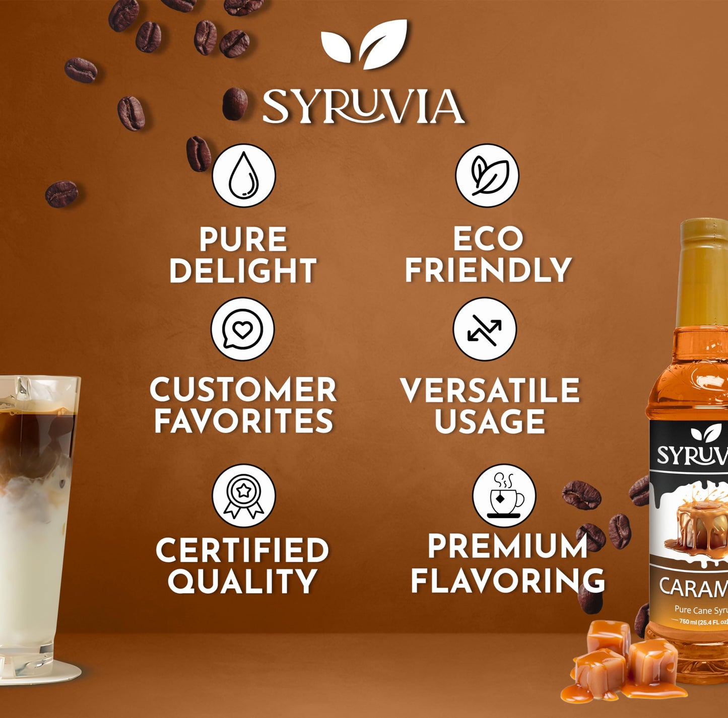 Syruvia Caramel Syrup For Coffee With Syrup Pump Dispenser, Flavored Coffee Syrup Great For Coffee, Shakes, Smoothies And Cockta