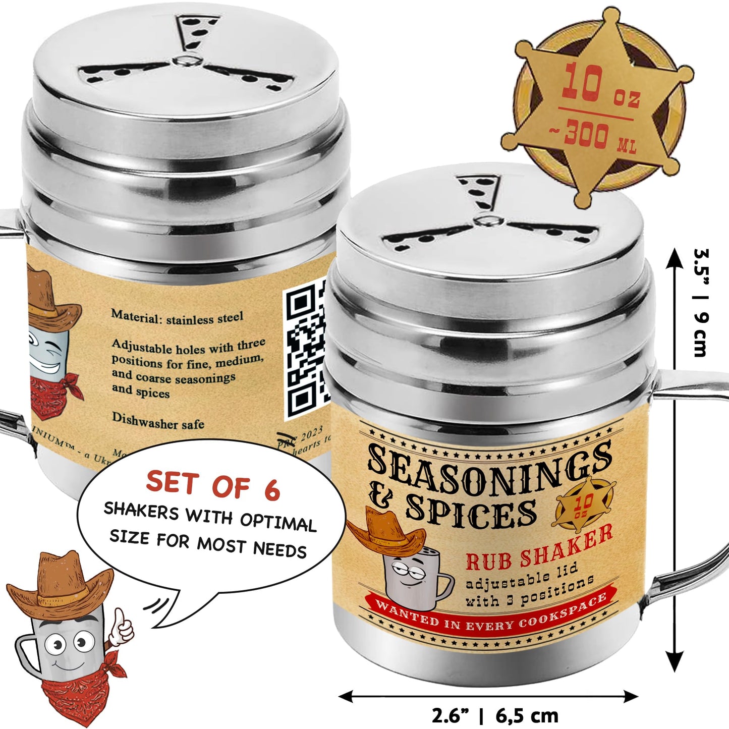 CUSINIUM Spice Shakers Set of 6 - 10 oz BBQ Dry Rub with Adjustable Fan Lid